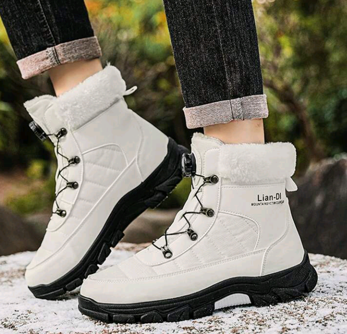 Flipark Men’s Thick Sole Anti-Slip Lace-Up Mid-Calf Boots – Leather Patchwork Thermal Lined Snow Boots (Grey/White/Black)