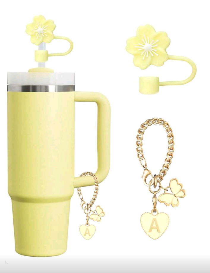 2pcs Cup Accessory Set – Letter Marker Sticker & Silicone Magnolia Flower Straw Lid for 30–40oz Cups