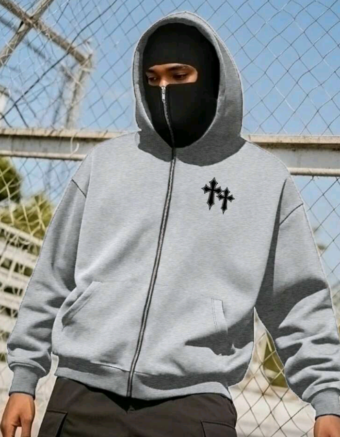 Men’s Hooded Zip-Up Sweatshirt with Face Mask – Creative Cross Pattern Balaclava Sports Jacket for Autumn/Winter