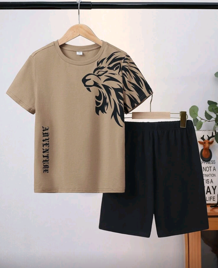 Tween Boy 2pcs Loose Casual Lion Pattern T-Shirt and Shorts Knit Homewear Outfit 