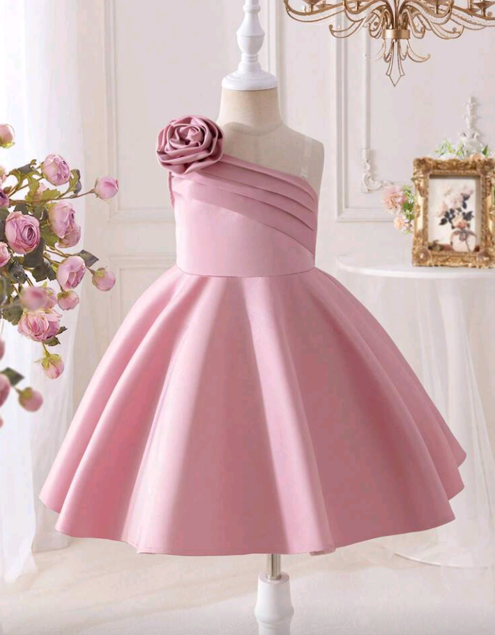 Young Girl Pink Cute & Elegant 3D Floral One-Shoulder Ruffle Ball Gown Short Prom Dress – Suitable for Homecoming, Birthday, Spring, Summer & Parties
