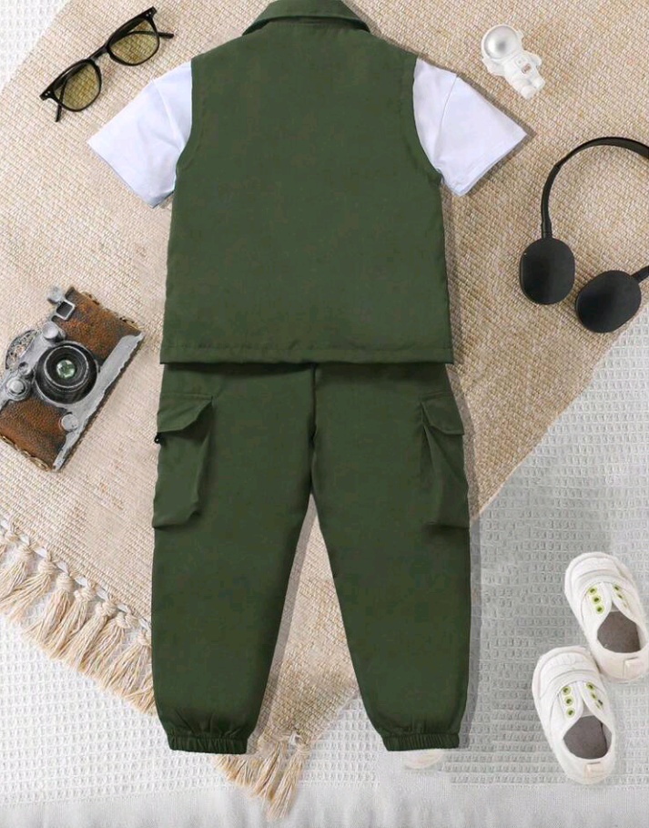Explorewe Young Boy Fashion Cargo Pocket Vest Matched With Letter Print Short Sleeve Tee And Casual Cargo Pants – Cool Summer School & Outdoor Outfit