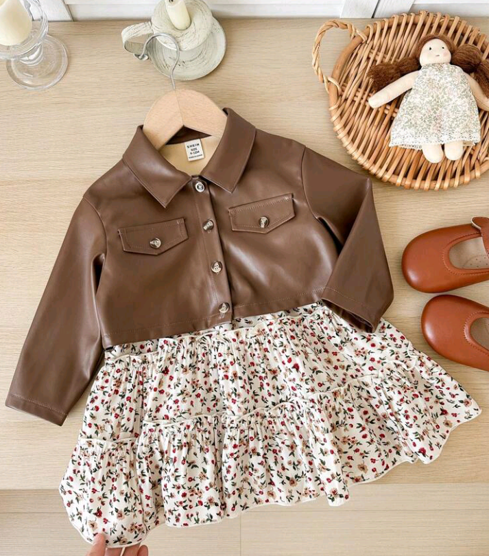 Sleeveless Floral Print Dress With Brown Collar Outerwear For Baby Girls – Vintage Fall/Winter Toddler Outfit