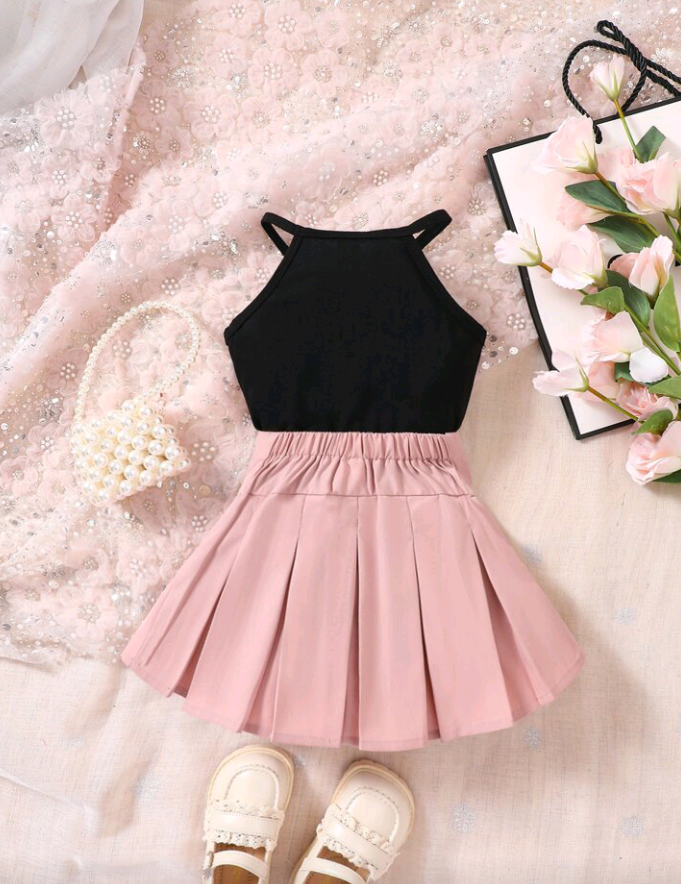 Baby Girl Halter Neck Top And Pleated Skirt 2-Piece Set