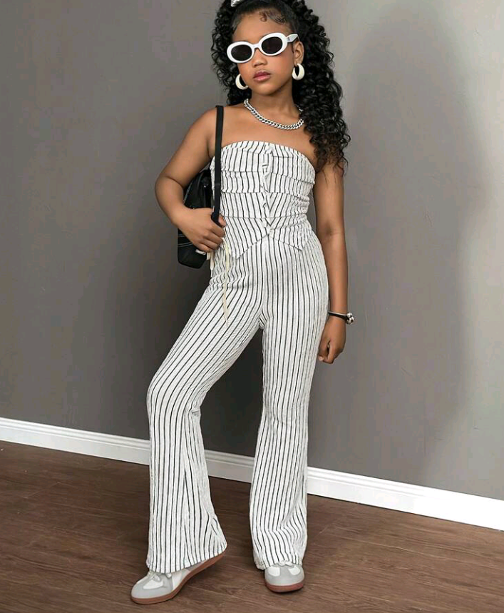 Tween Girl Summer Beach Texture Green Tube Top With Button & Flared Pants Set