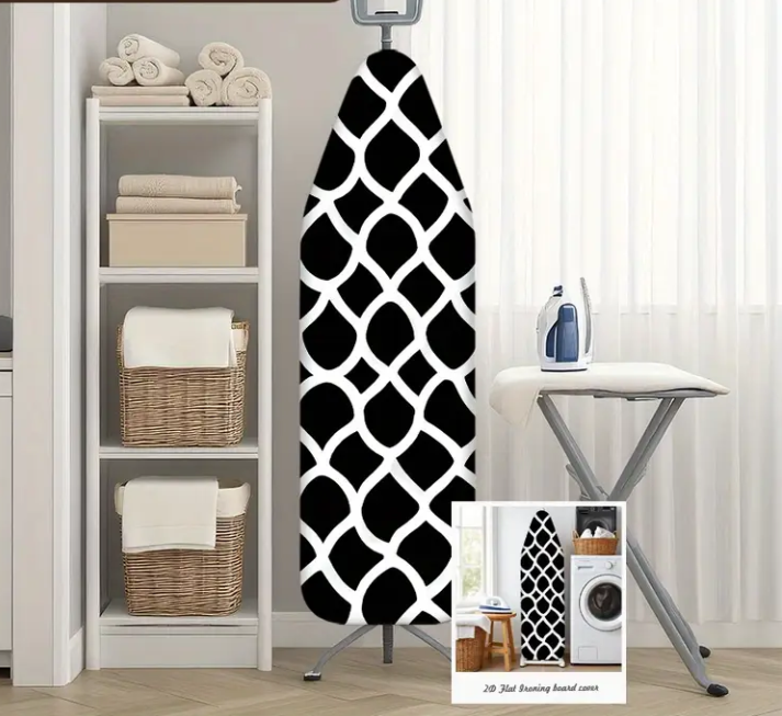 1pc Black and White Geometric Lattice Pattern Ironing Board Cover – Heat Resistant, Non-Slip, Elastic Fit, Durable Polyester Fabric, Standard Size