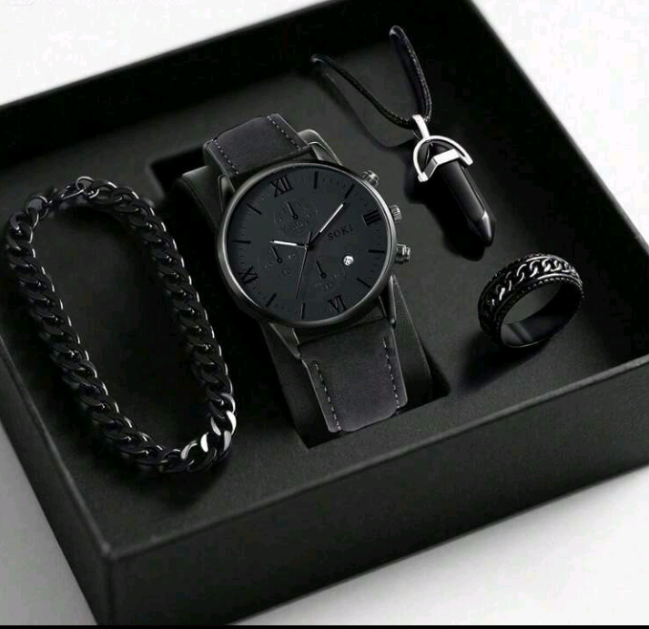 SOKI SOKI 1 Set Men’s Quartz Watch with Calendar Function – Zinc Alloy Case, PU Strap, Round Dial + Pendant Necklace, Bracelet & Ring (No Box)