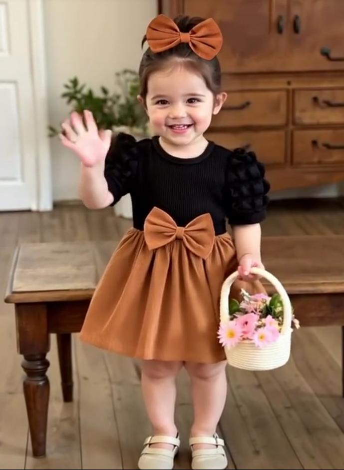 2pcs Baby Girl Butterfly Decor Ribbed Knit Patchwork Ruffle Hem Short Sleeve Dress with Hair Scrunchie