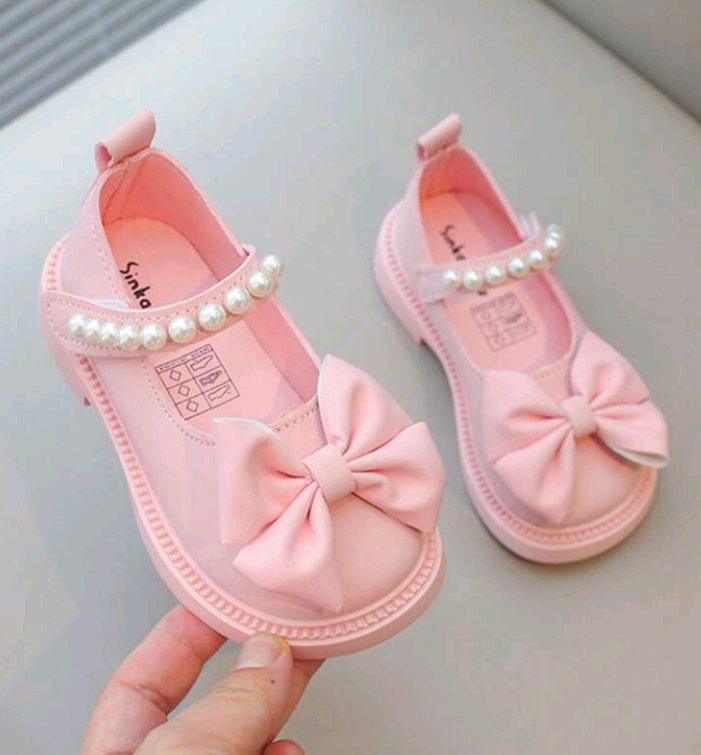 Girls’ Cute Big Bow Pearl Design Flats – Solid Color Princess Loafers for Outdoor Wear