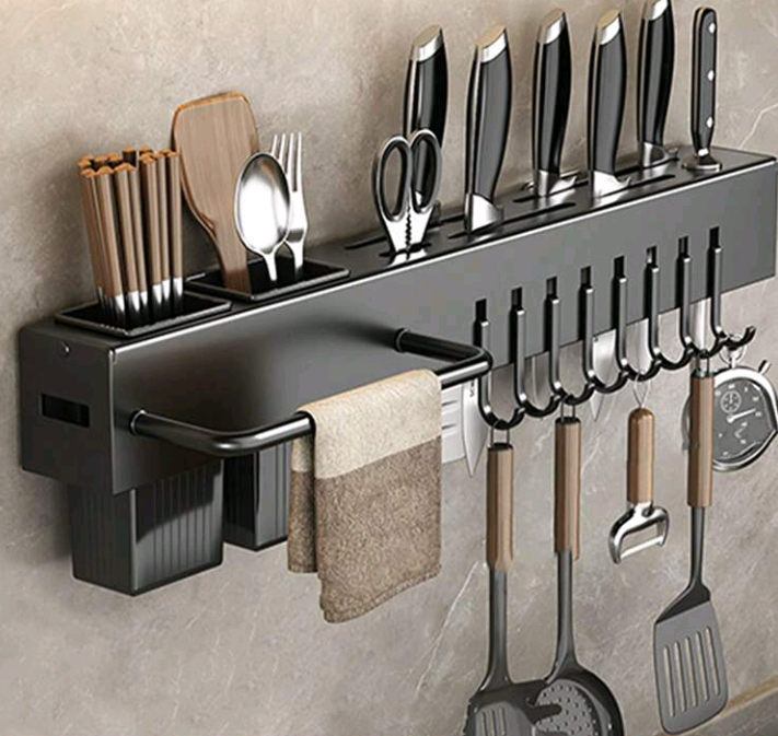 Wall-Mounted Kitchen Knife Rack with Removable Chopstick Holder, Towel Bar & Utensil Hooks